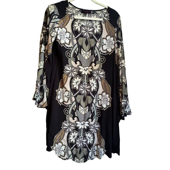 Hale Bob Black Floral Print Bell Sleeve Mini Swing Dress 70s Retro White Brown - Picture 1 of 7